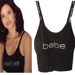 NEW bebe Sports Bra Sz L SILVER DOTS LIMITED EDITION Black Seamless Padded GLAM